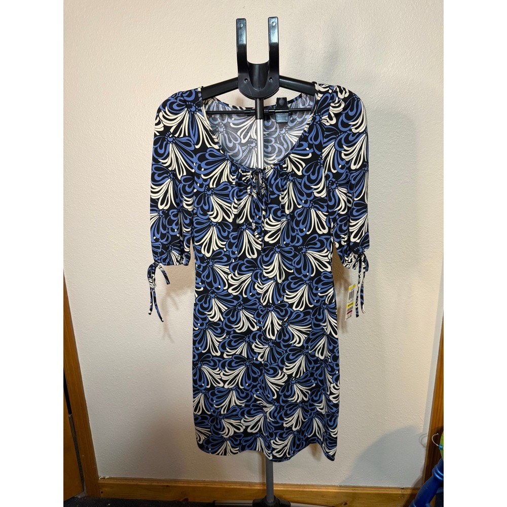 INC International Concepts Blue Floral Sheath Dress Tie Neck 3/4 Sleeve Medium